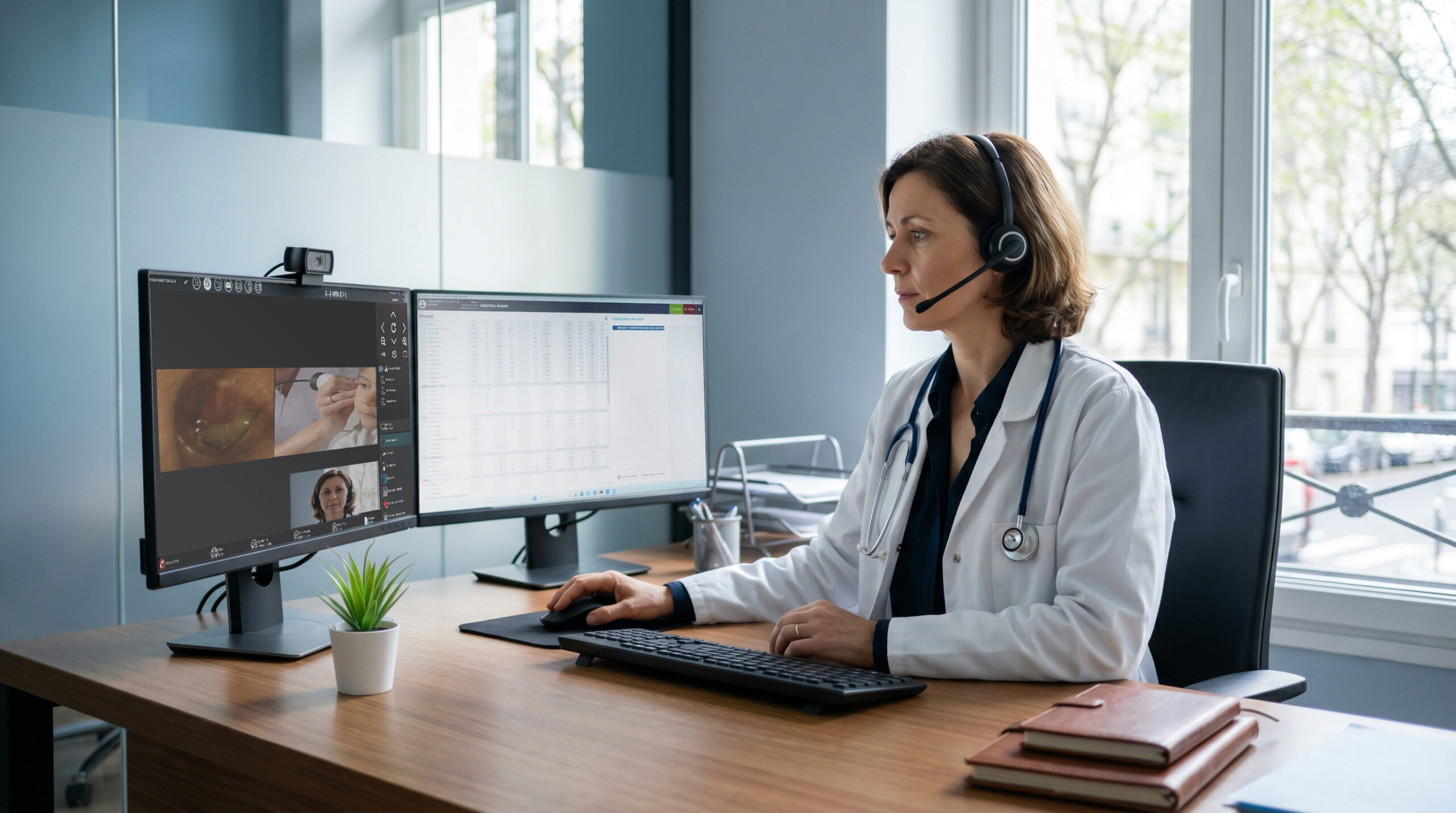 Médecin réalisant une téléconsultation assistée avec les équipements Hopi